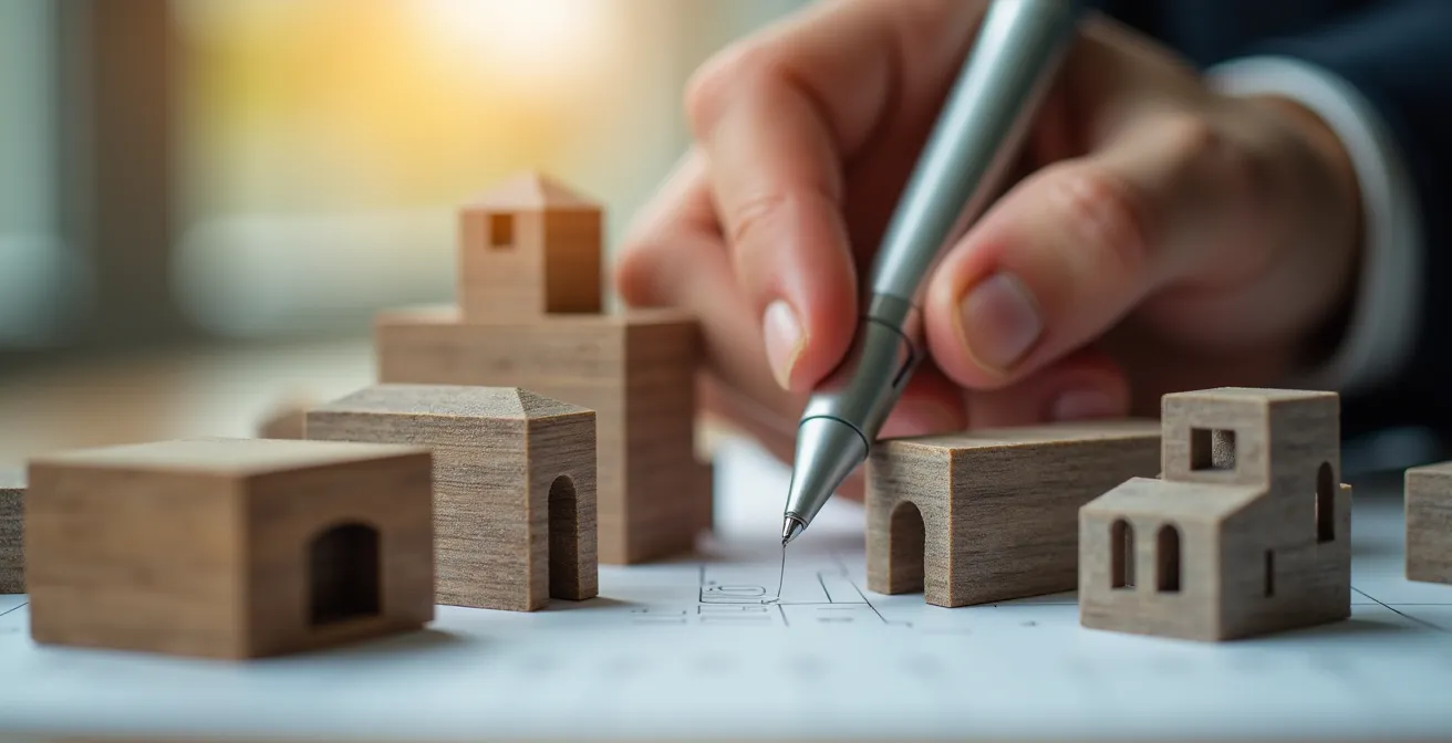 Main d'expert pointant des détails sur une maquette architecturale de quartier
