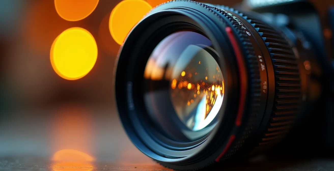Gros plan sur objectif d'appareil photo professionnel avec reflets dorés