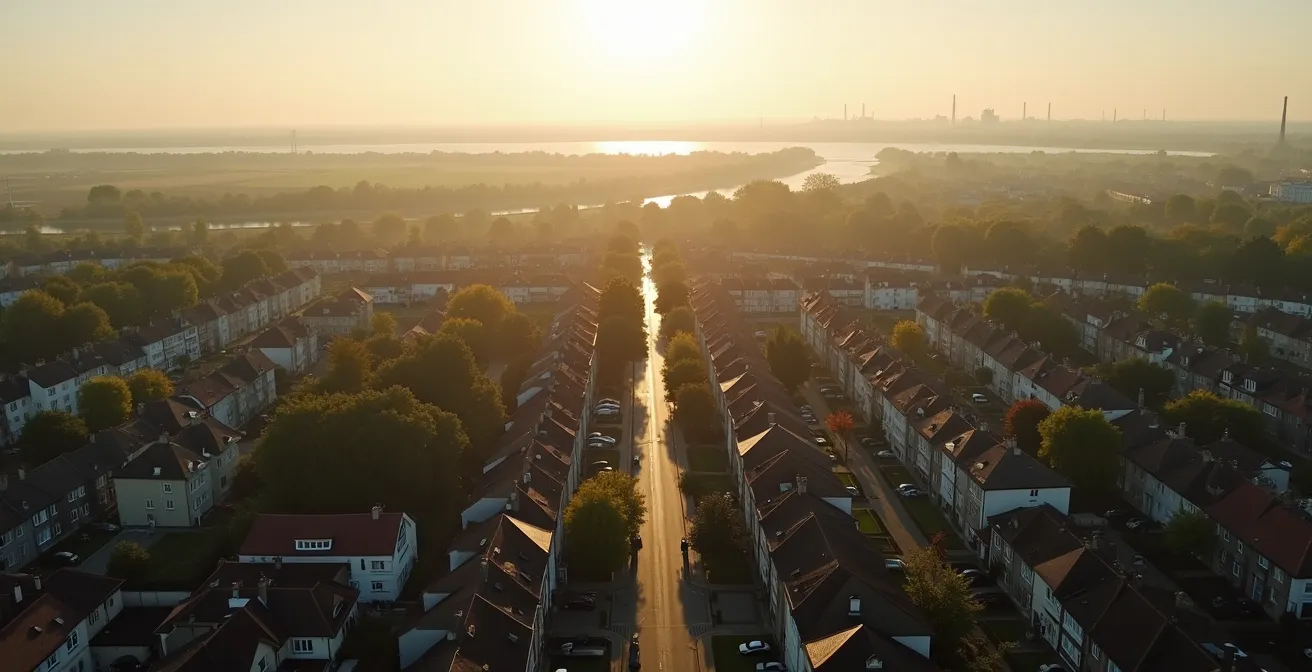 Vue aérienne ensoleillée des quartiers résidentiels de Rezé avec espaces verts