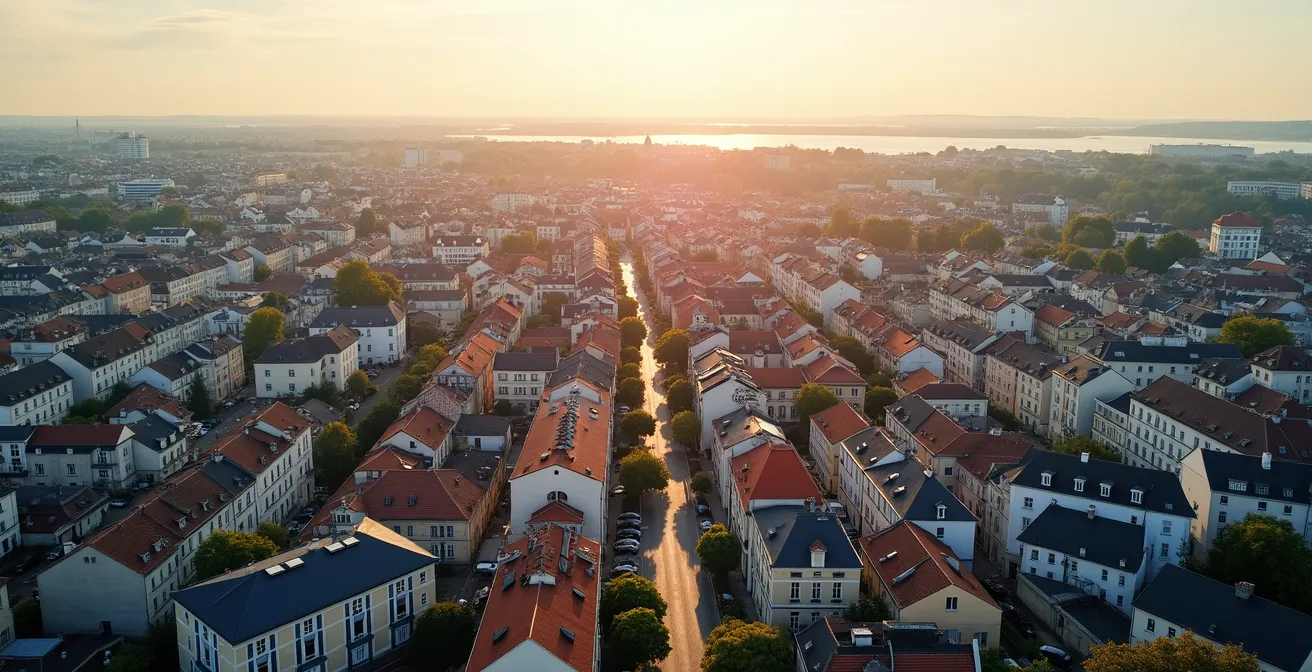 Vue aérienne artistique montrant les différents quartiers de Rezé avec leurs caractéristiques architecturales distinctes