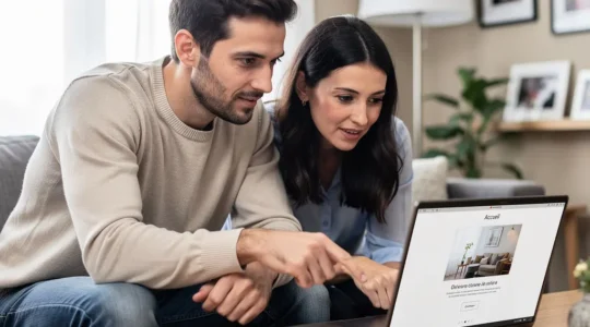 Couple consultant une simulation de prêt immobilier ensemble dans leur salon