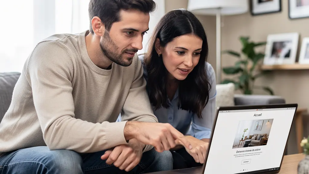 Couple consultant une simulation de prêt immobilier ensemble dans leur salon