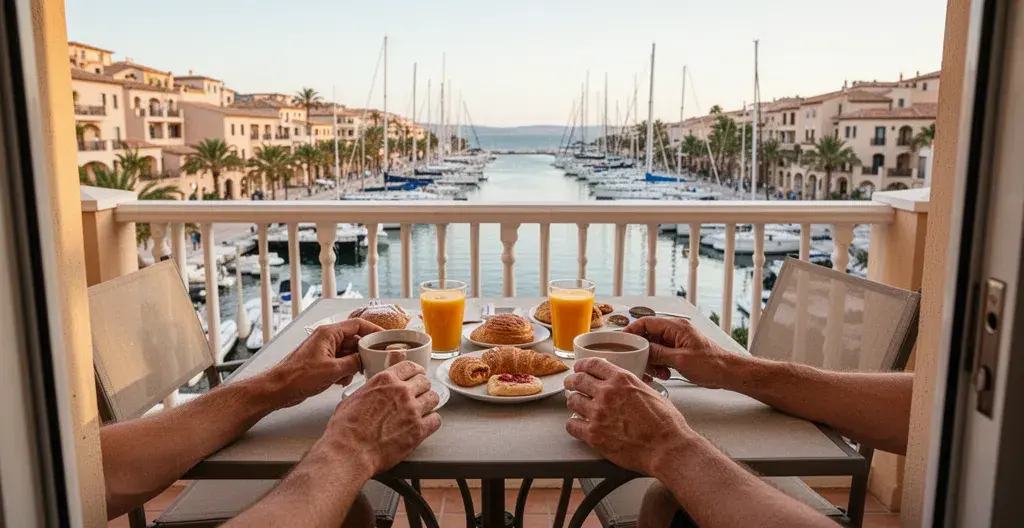 Terrasse appartement vue port Rosas, location saisonnière Costa Brava