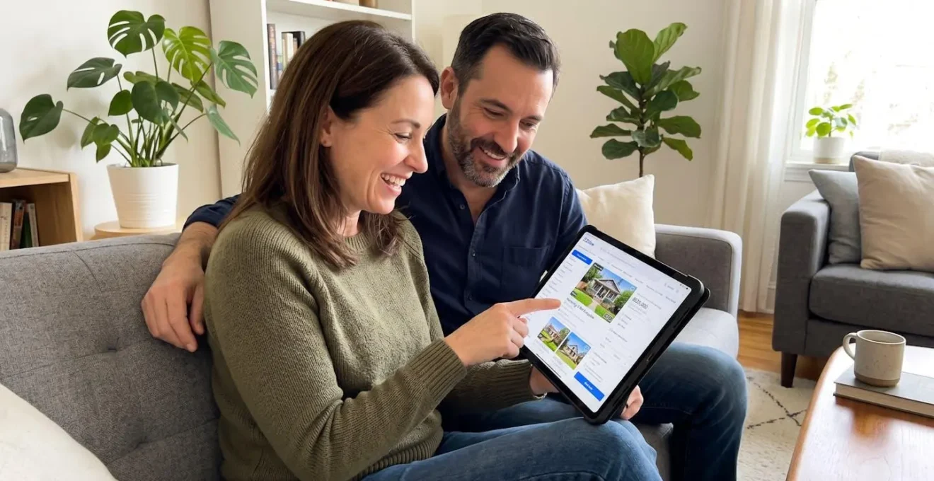 Un couple dans la quarantaine assis côte à côte sur un canapé contemporain, consultant ensemble une tablette affichant des annonces immobilières, cadrage par-dessus l'épaule focalisé sur leurs profils concentrés