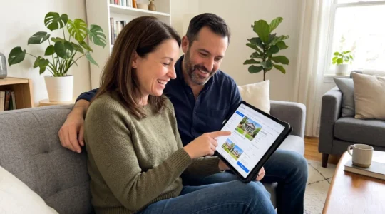 Un couple dans la quarantaine assis côte à côte sur un canapé contemporain, consultant ensemble une tablette affichant des annonces immobilières, cadrage par-dessus l'épaule focalisé sur leurs profils concentrés