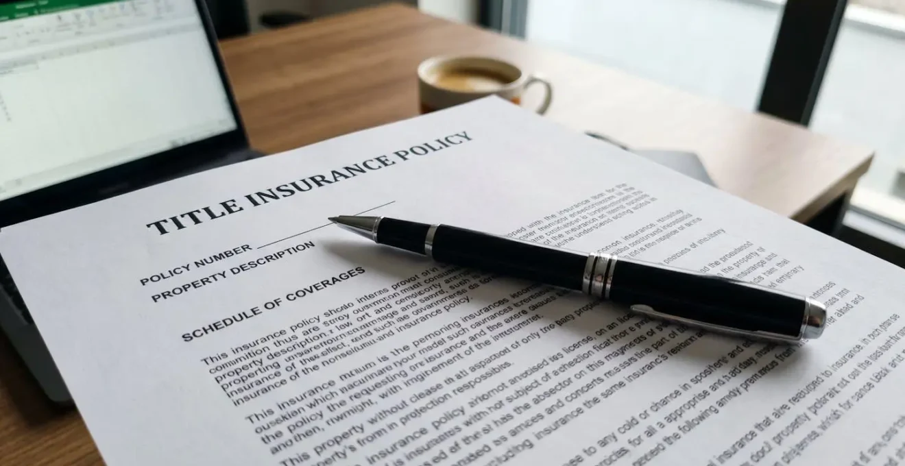 Gros plan extrême sur des documents immobiliers officiels posés sur un bureau contemporain, stylo de luxe en premier plan, mise au point sélective sur le texte flouté Title Insurance