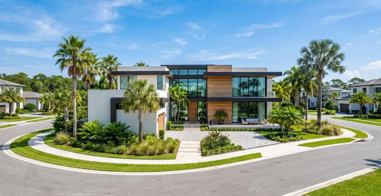 Vue grand angle d'une maison individuelle moderne typique de Floride avec architecture contemporaine, palmiers et pelouse entretenue, ciel bleu lumineux, aucune présence humaine