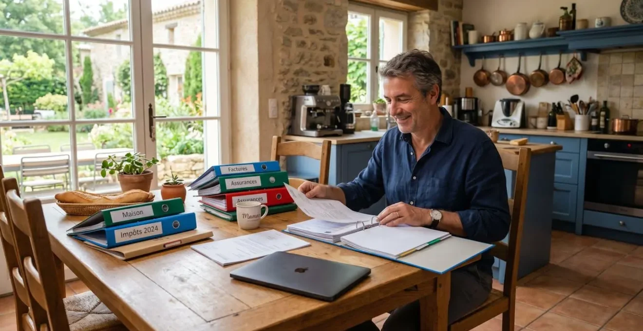 Propriétaire organisant les documents de son dossier de vente immobilière