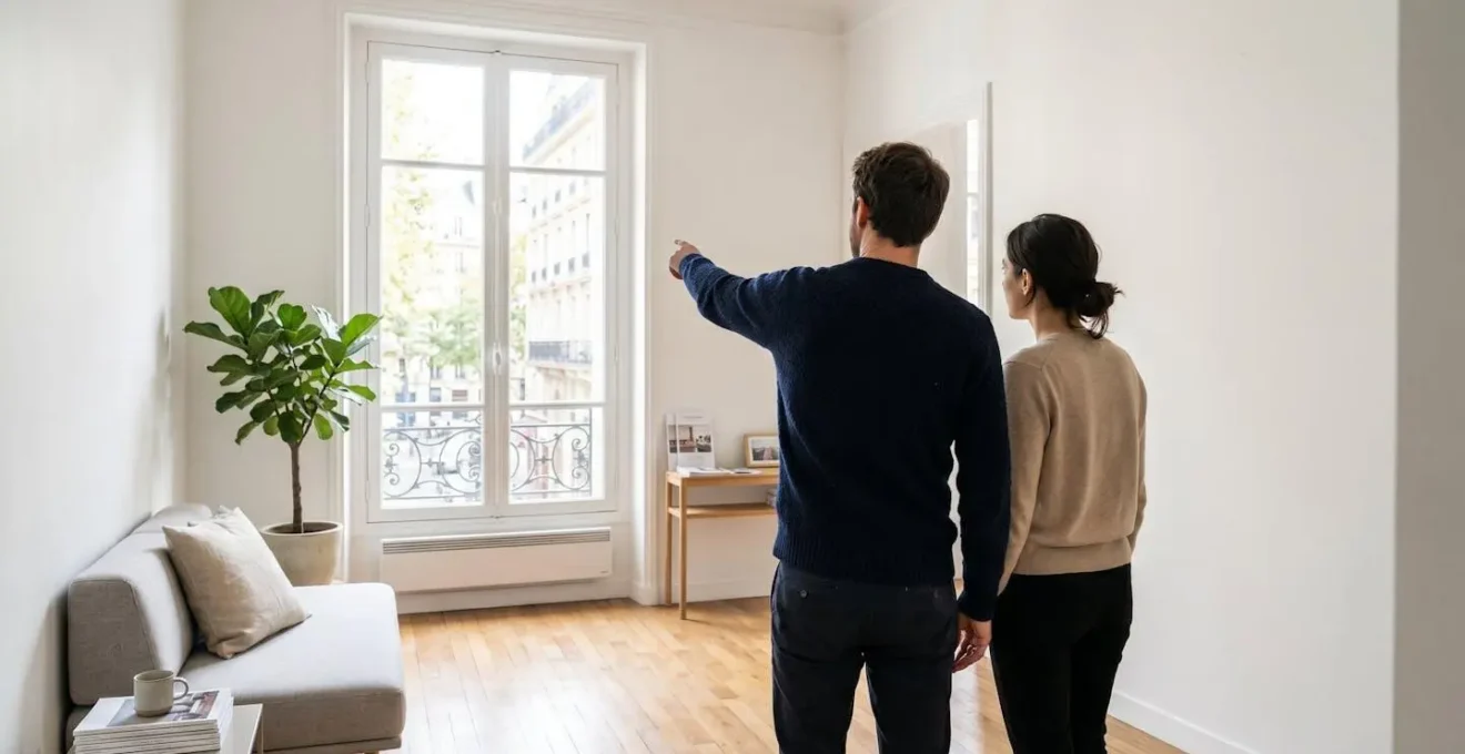Couple visitant appartement lumineux avec grande baie vitrée et parquet clair lors de visite immobilière