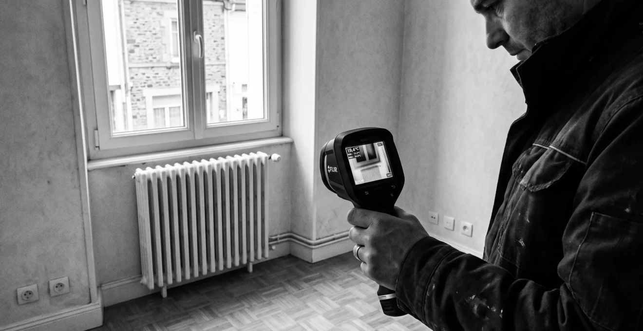 Diagnostiqueur immobilier effectuant mesures de performance énergétique avec appareil numérique dans logement français
