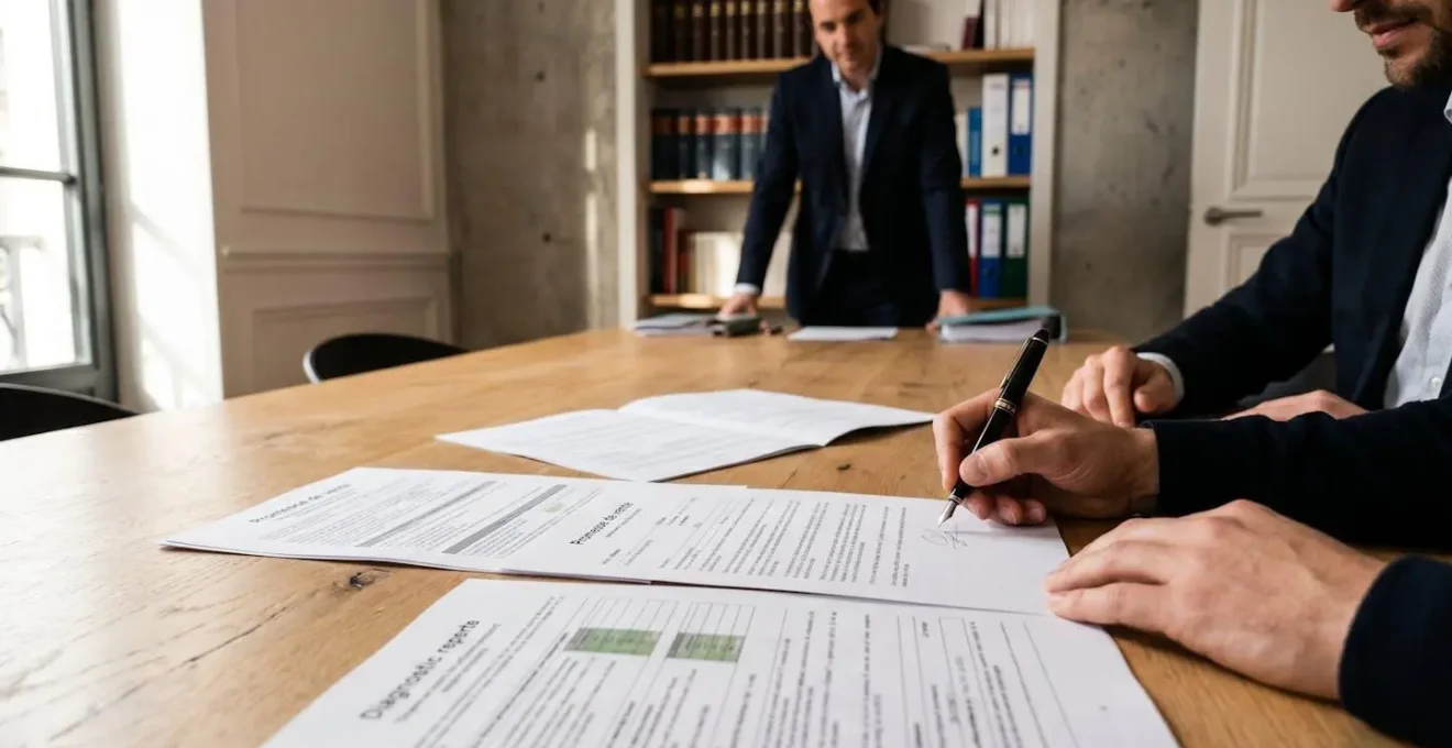 Mains signant documents de vente immobilière sur bureau de notaire contemporain en France avec promesse de vente et diagnostics étalés