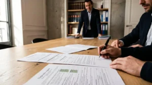 Mains signant documents de vente immobilière sur bureau de notaire contemporain en France avec promesse de vente et diagnostics étalés