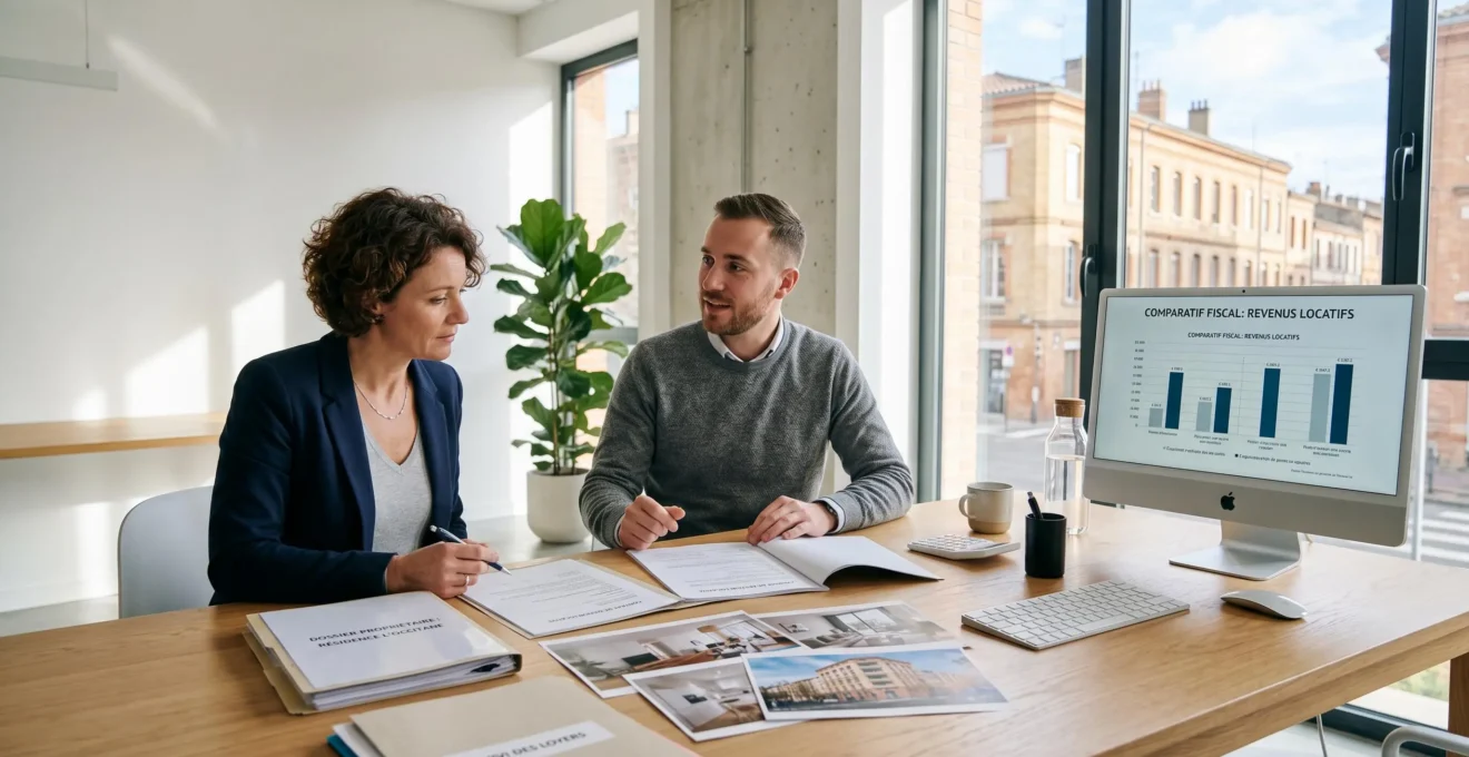 Consultation entre propriétaire et gestionnaire immobilier dans bureau moderne d'agence à Toulouse avec documents de gestion locative et comparatifs fiscaux sur écran