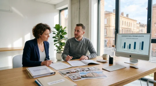 Consultation entre propriétaire et gestionnaire immobilier dans bureau moderne d'agence à Toulouse avec documents de gestion locative et comparatifs fiscaux sur écran