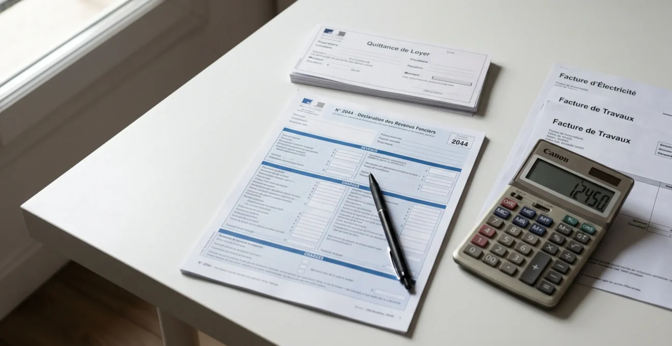 Formulaire de déclaration 2044 pour revenus fonciers avec calculatrice et justificatifs de charges déductibles sur bureau organisé
