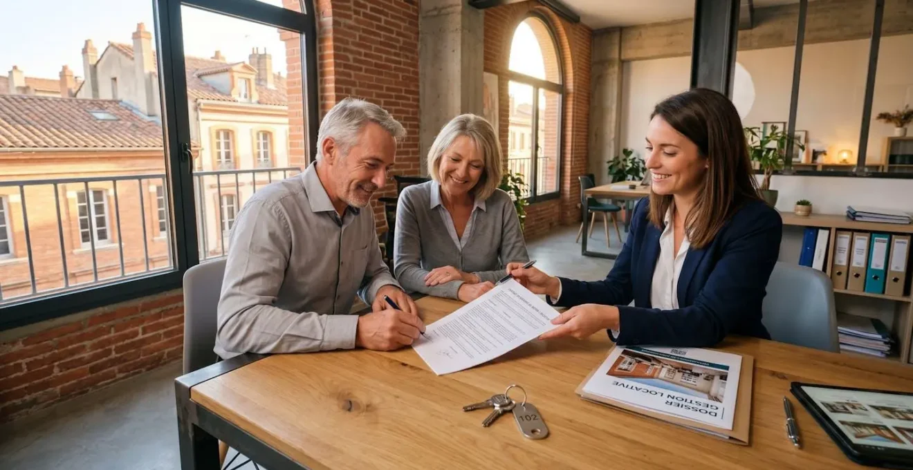 Signature de mandat de gestion locative dans agence immobilière toulousaine avec contrat, clés et dossier bien immobilier